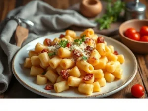 Délices réconfortants : – macaronis → Les macaronis gratinés sont un plat réconfortant apprécié de toute la famille.